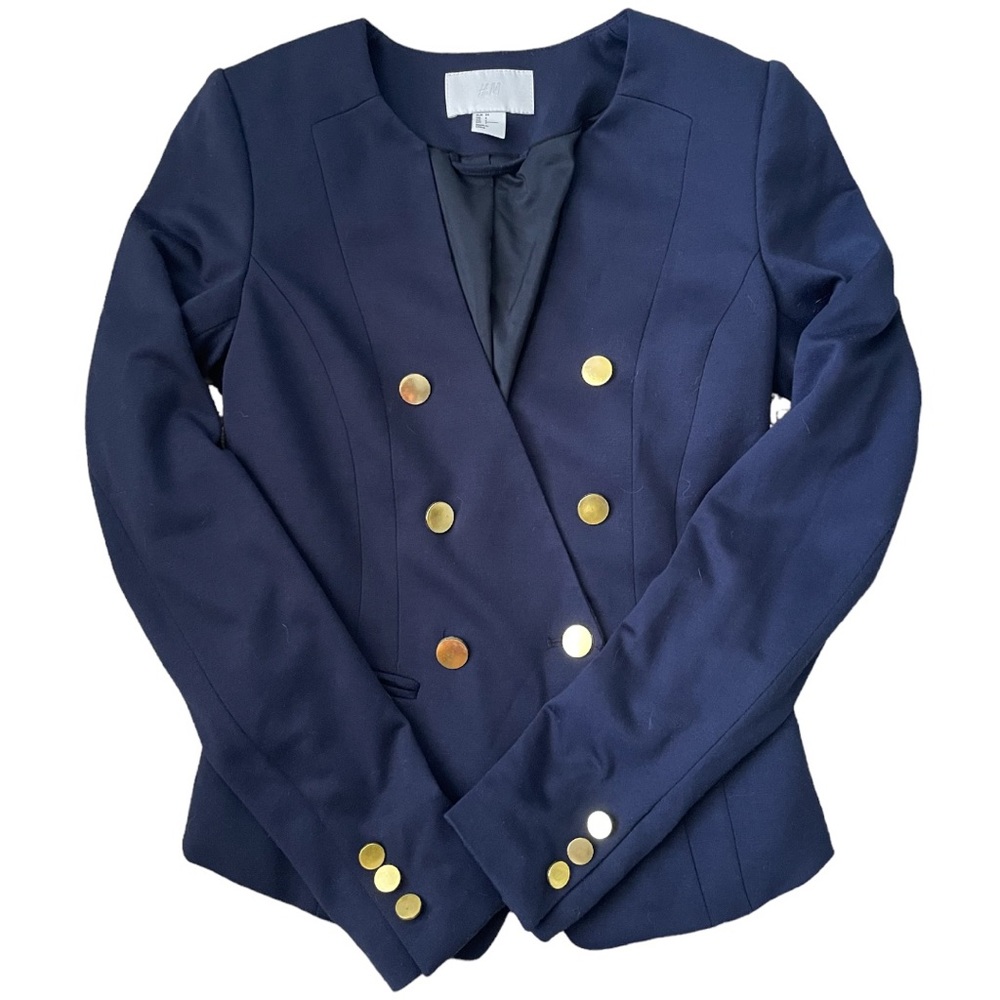H&M Double-Breasted Military Knit Blazer Jacket | Navy w/Gold Buttons | Size 4